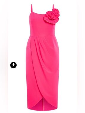 City Chic Hot Pink One-Shoulder Rose Detail Dress. NWT